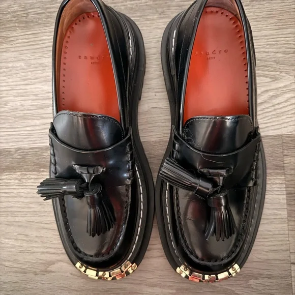 Sandro Black Tassel Loafers with Gold Accents - Picture 6 of 6